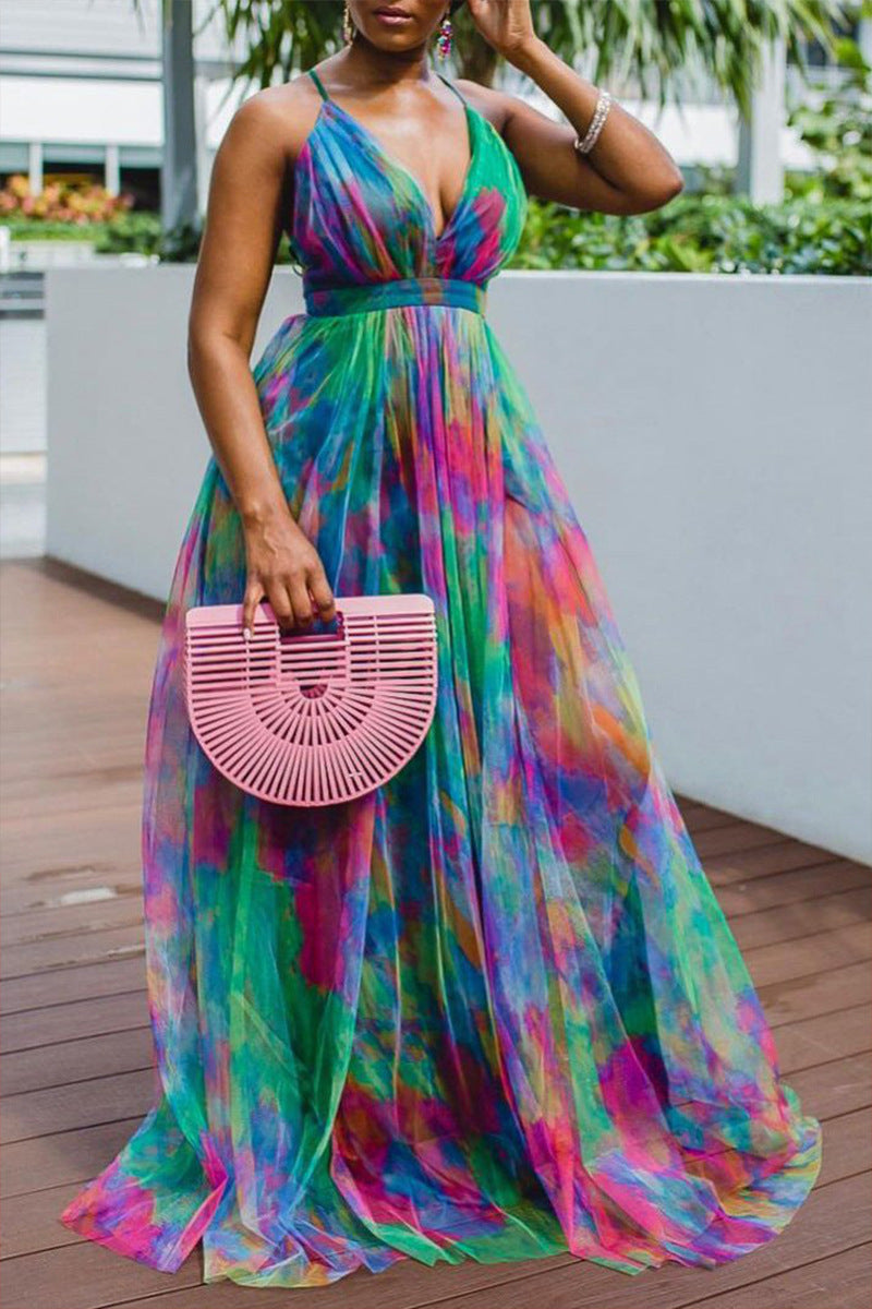 2021 spring and summer new 2025 Popular trade printing pendulum mesh dress commuting 2025 large-size women's dress