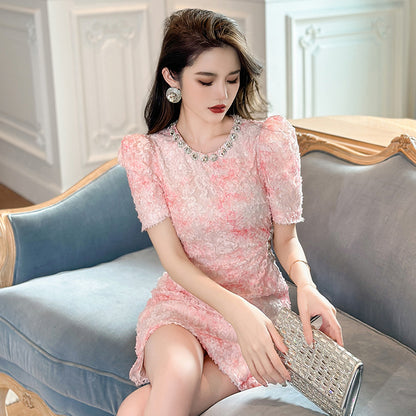 ZllKl  Summer New First Love Sweet Refined Rhinestone round Neck Petal Mesh Rouge Pink Dress 50417