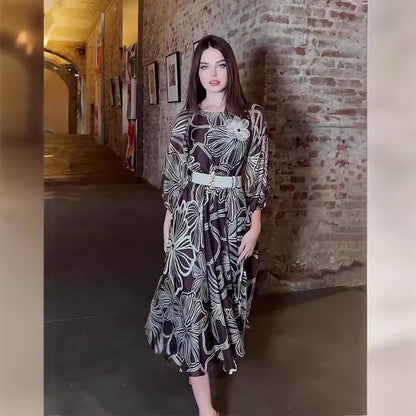 ZllKl  European American Summer New Fashion 3/4 Sleeves Printing Costs Dress More