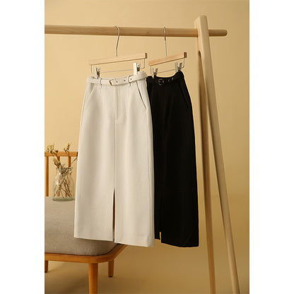 2025 Temperament lady wind~ good match, high waist split fork containing wool skirt white skirt  spring and autumn women's clothing