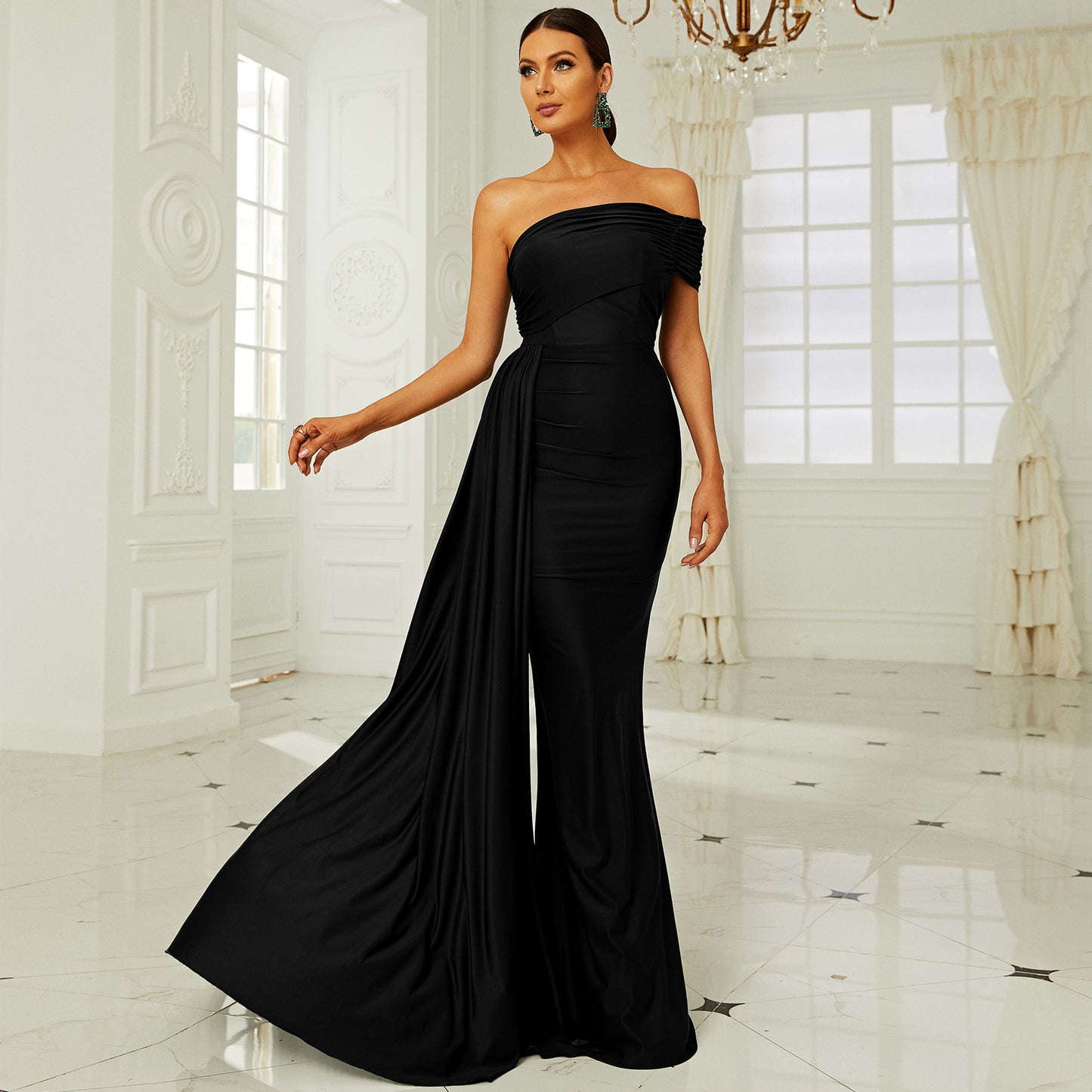 r 2025 chest wrapping temperament one-word collar sexy long banquet hip wrapping streamer evening dress bridesmaid dress