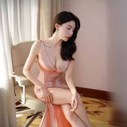 2025 Nightclub dress sexy pure split satin premium elegant meat leakage milk drawstring glossy KTV club work