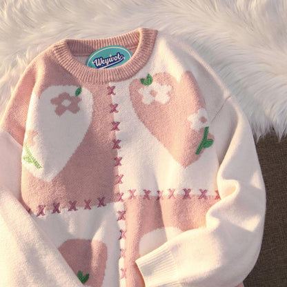 Hong Kong style Japanese vintage love sweater women's autumn and winter loose Korean outer wear gentle wind couple knitted sweater jacket