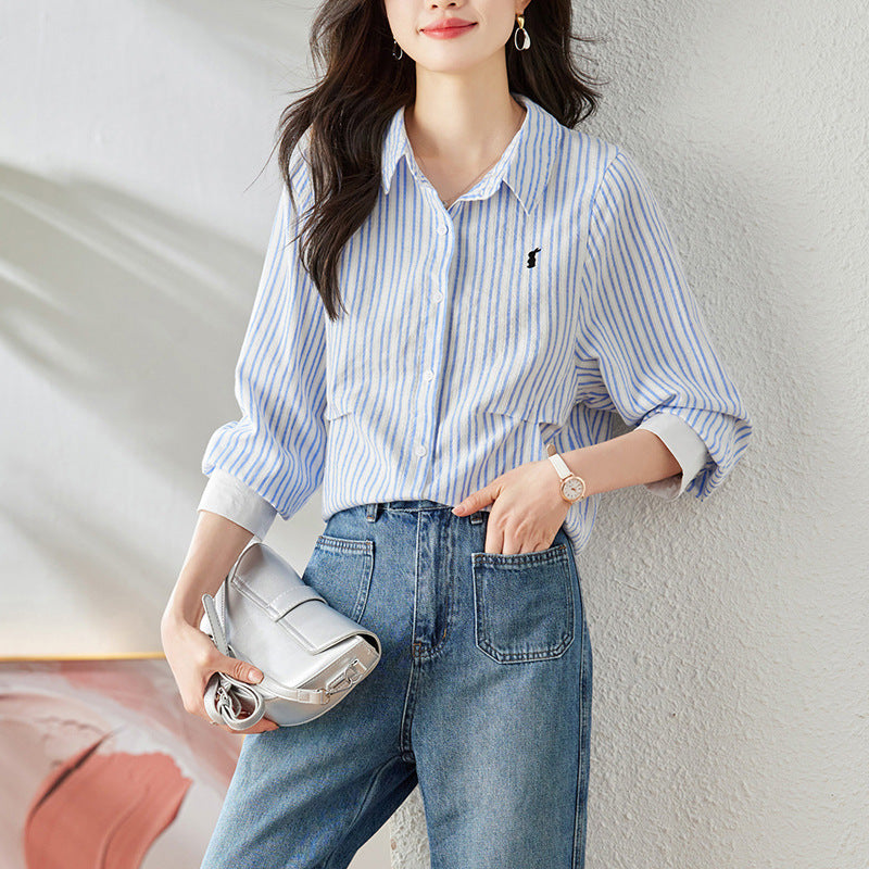direct sales blue striped shirt women's long-sleeved spring and autumn clothes new casual top cartoon embroidered cotton shirt