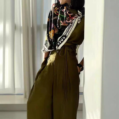 2025 New Chinese style national style buckle army green imitation linen vest wide-leg pants two-piece set design sense fashion set