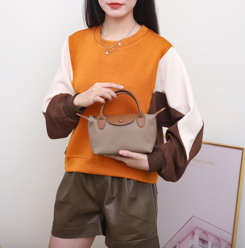 [Factory] The first layer of cowhide shoulder bag women's messenger bag genuine leather dumpling handbag small bag contrasting color 6825