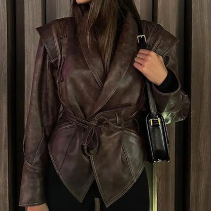 European and American cross-border 2025 winter retro lace-up faux leather jacket women's casual fashion lapel shawl Pu coat