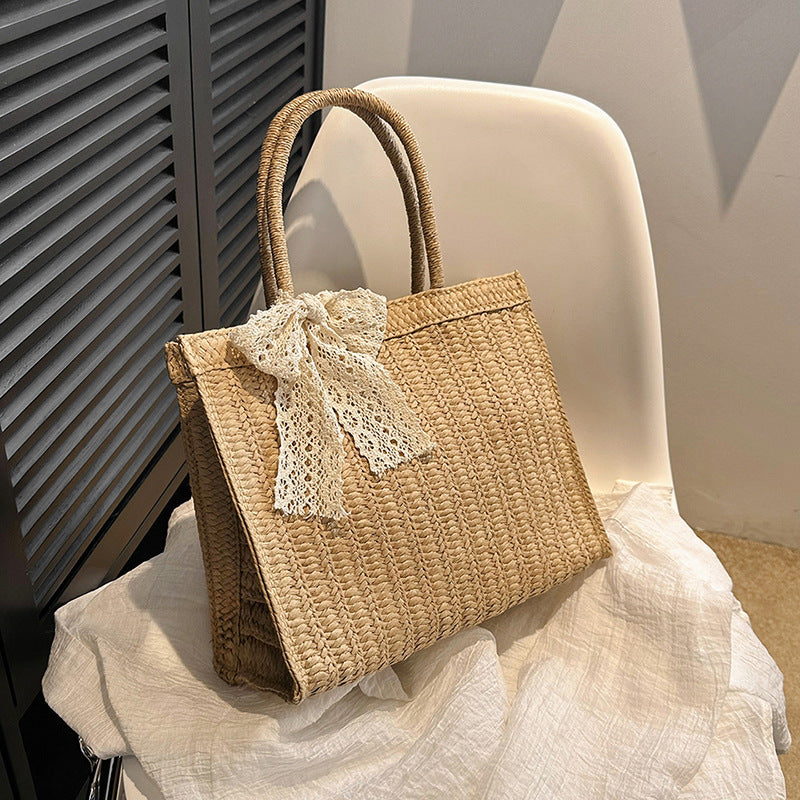 ZLLKL 2025New woven vegetable basket handbag bag Mori sweet lace bow straw woven women's bag large capacity messenger bag