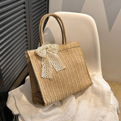 ZLLKL 2025New woven vegetable basket handbag bag Mori sweet lace bow straw woven women's bag large capacity messenger bag