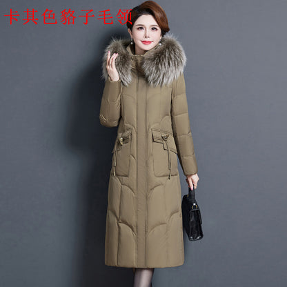 2023 new fashionable and foreign medium and long mother thickened winter knee jacket middle-aged white duck down jacket women