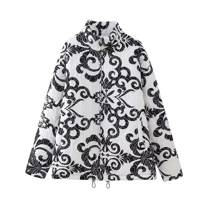 Cross-border women's clothing 2023 autumn and winter printed cotton-padded jacket color matching advanced sense of European and American style niche stand-up collar cotton clothing women
