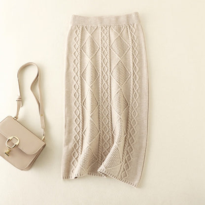ZllKl Autumn and winter thickened wool knitted skirt women's New new twist medium and long straight hip wrap one-step skirt