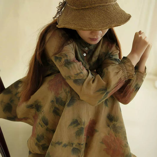 Retro and old digital printing fine ramie shirt, literary style sunshade top S23110