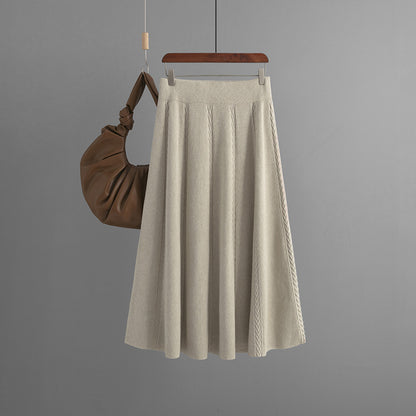 ZllKl 2025 new medium and long autumn and winter pendant feeling a word khaki knitted skirt children's winter sweater