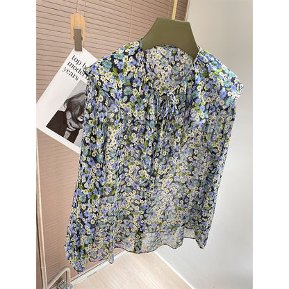 Silk shirt women's  spring and summer new mulberry silk design sense niche long-sleeved top, unique printed shirt
