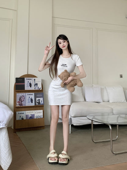 Hot Girl Pure Desire Style Embroidered Letters Dress Women's 2025 Summer Slim Fit Slimming Sheath A- line Midi Dress