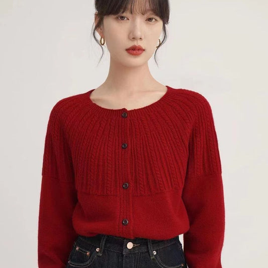 Autumn and winter new women's knitted cardigan top fashion temperament  long-sleeved jacket sweater thin short crew neck