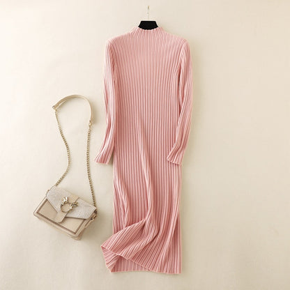 ZllKl Winter knitted primer sweater skirt over knee long skirt with coat New new semi-turtleneck thickened dress