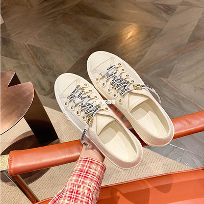 ZllKl Spring and Summer New D Low-Top Canvas Shoes Female Feide Embroidered Presbyopic HOTan and NEWn Leisure All-Match Thick Bottom Board Shoes