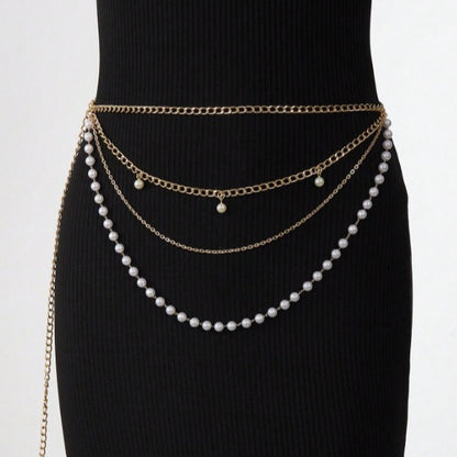 FB3365 2025 waist chain pearl chain pendant metal chain pearl chain wavy fringed pendulum chain waist chain