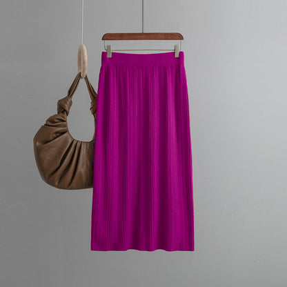 ZllKl Rear split knitted pit strip skirt solid color elastic waist elastic hip wrap temperament thin wool skirt autumn new