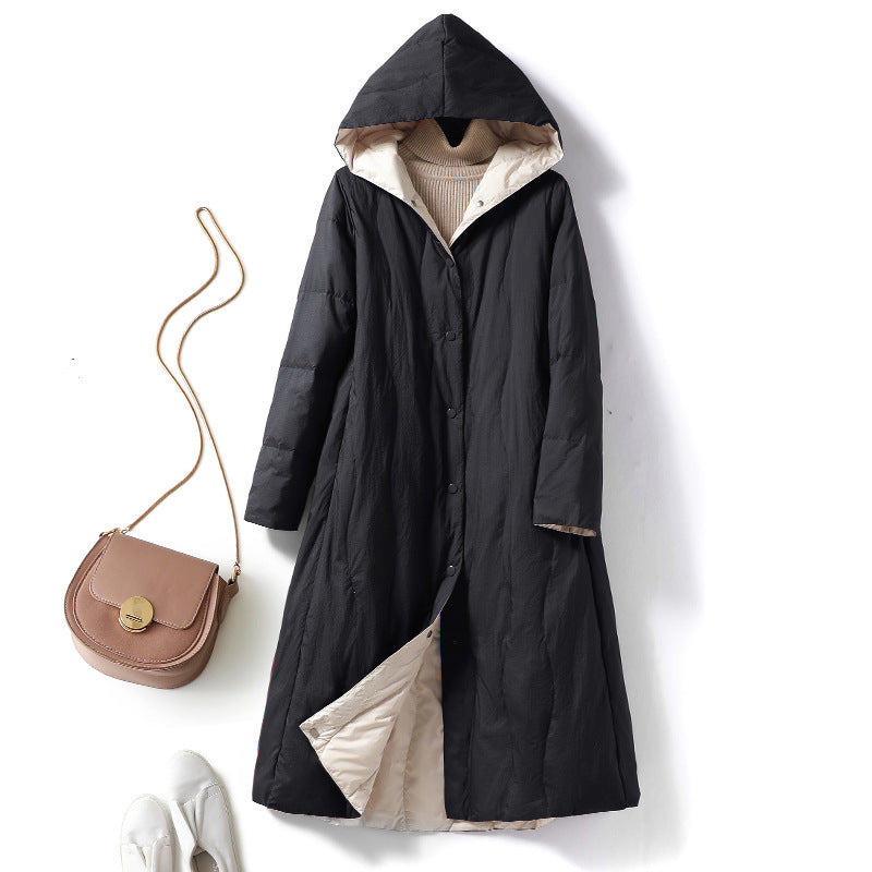 [Black Winter Hair] Medium and long down jacket women's 2023 winter white duck down Korean version hooded jacket tide 7189