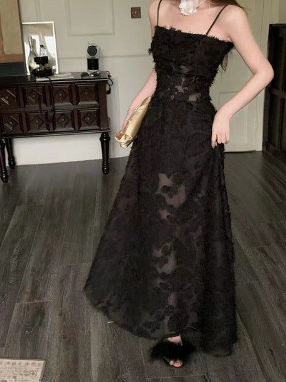2025 Spot black perspective dress dress popular summer new temperament seaside vacation thin tall long dress women