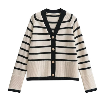 Hot trade fashion women's clothing  winter new V-neck striped single-breasted knitted sweater 8205