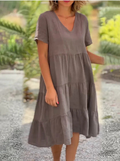 ZllKl  European American Summer New Women's Clothing Fresh Sweet V-neck Solid Color Wide Hem Casual Skirt Dress
