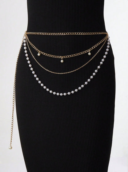FB3365 2025 waist chain pearl chain pendant metal chain pearl chain wavy fringed pendulum chain waist chain