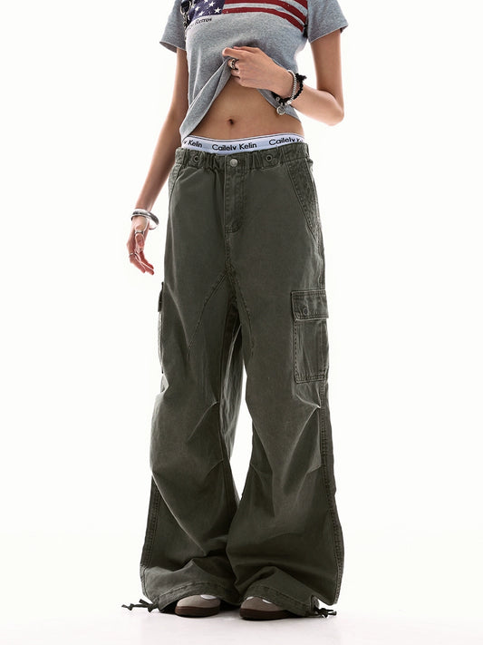0123Start retro washed pleated overalls men's and women's loose n outdoor casual wide-leg parachute pants
