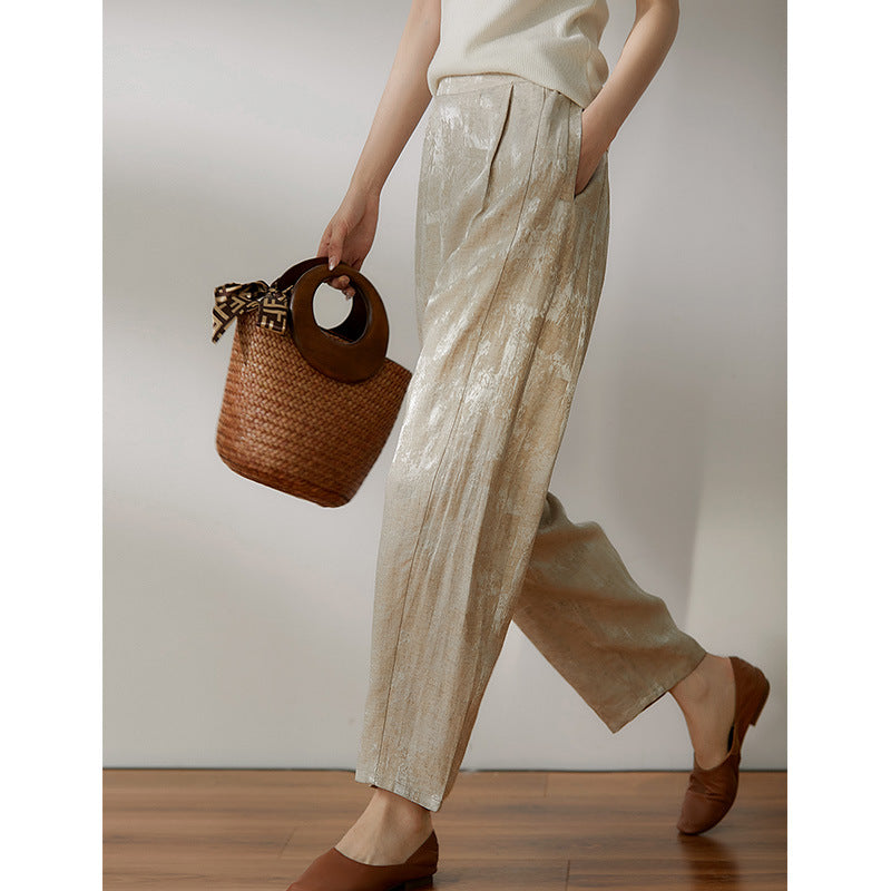 2025 Linen jacquard national style pants, new Chinese silk nine-point pants, high-end casual pants women's radish pants summer
