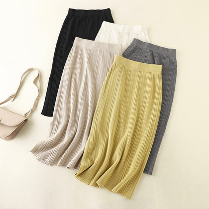 ZllKl New autumn and winter new casual knitted split skirt high waist elastic solid color inner with thin hip skirt women