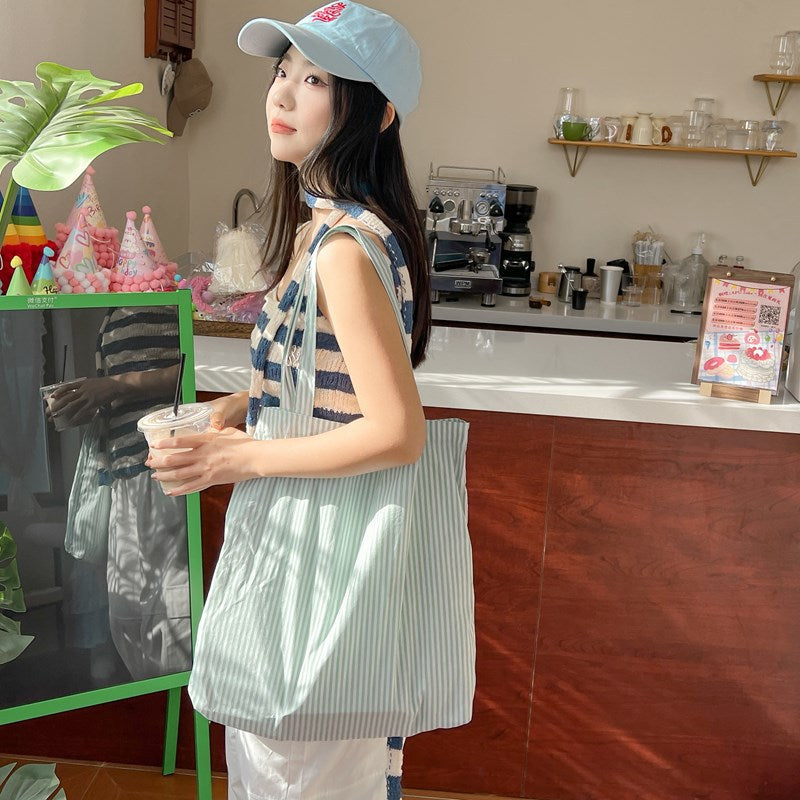 2025 ZLLKL Korean version of fashion striped tote bag popular new lazy wind large capacity simple shoulder bag small fresh shopping bag
