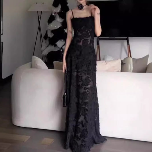 2025 Spot black perspective dress dress popular summer new temperament seaside vacation thin tall long dress women