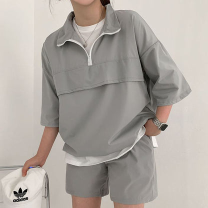 ZllKl Zipper short-sleeved shorts set women's two-piece set youth summer Korean version fashion casual sportswear loose high collar