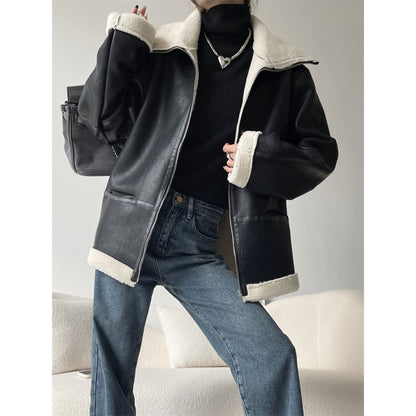 Mengzixi, Yang Mi, Liu Yun, the same motorcycle suit, lamb wool fleece leather jacket, women's autumn and winter jacket X1683
