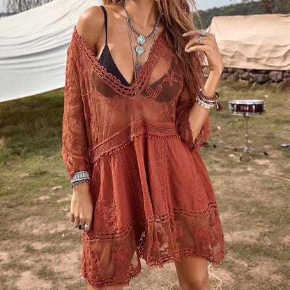 2025 sunscreen shirt sexy lace loose beach vacation blouse skirt bikini jacket swimsuit women