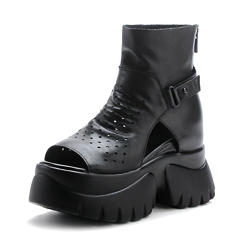 ZllKl  First Layer Cowhide Platform Increased Sandal Boots Leather High Heel Peep Toe Hollow Booties Summer Roman Women's Sandals