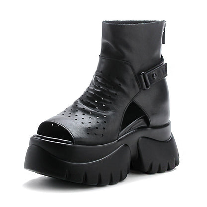 ZllKl  First Layer Cowhide Platform Increased Sandal Boots Leather High Heel Peep Toe Hollow Booties Summer Roman Women's Sandals