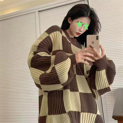 Checkerboard sweater women's autumn and winter design sense new top retro thin lazy wind pullover knitted sweater jacket