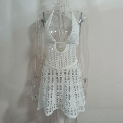 Sexy Spaghetti Straps Knitted Hollow Backless Lace-up New 2025 Summer New European and American Knitted Dress