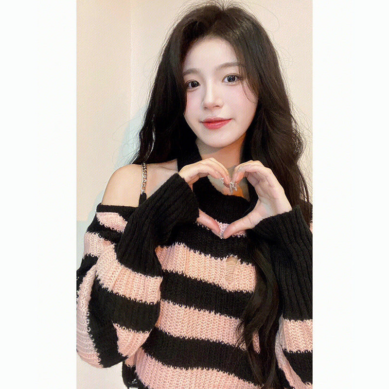 Small Spice Girl Chain Off-Shoulder Pink Pullover Hollow Striped Short Long Sleeve Knitted Sweater Top Women's Autumn and Winter