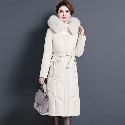 2023 new fashionable and foreign medium and long mother thickened winter knee jacket middle-aged white duck down jacket women