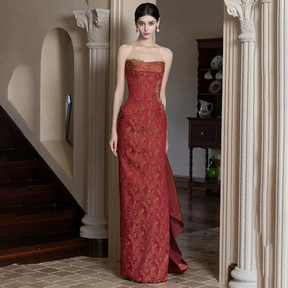 New Chinese evening dress bride red tube top high sense light luxury morning robe retro engagement banquet return toast dress