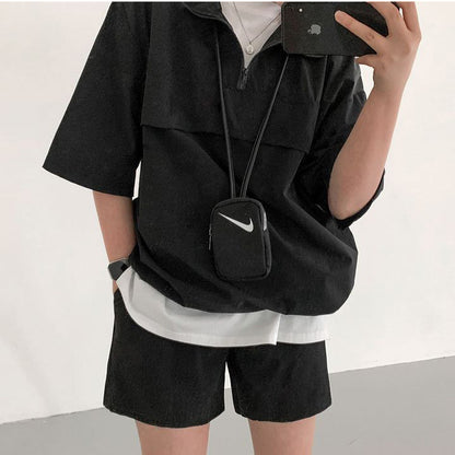 ZllKl Zipper short-sleeved shorts set women's two-piece set youth summer Korean version fashion casual sportswear loose high collar
