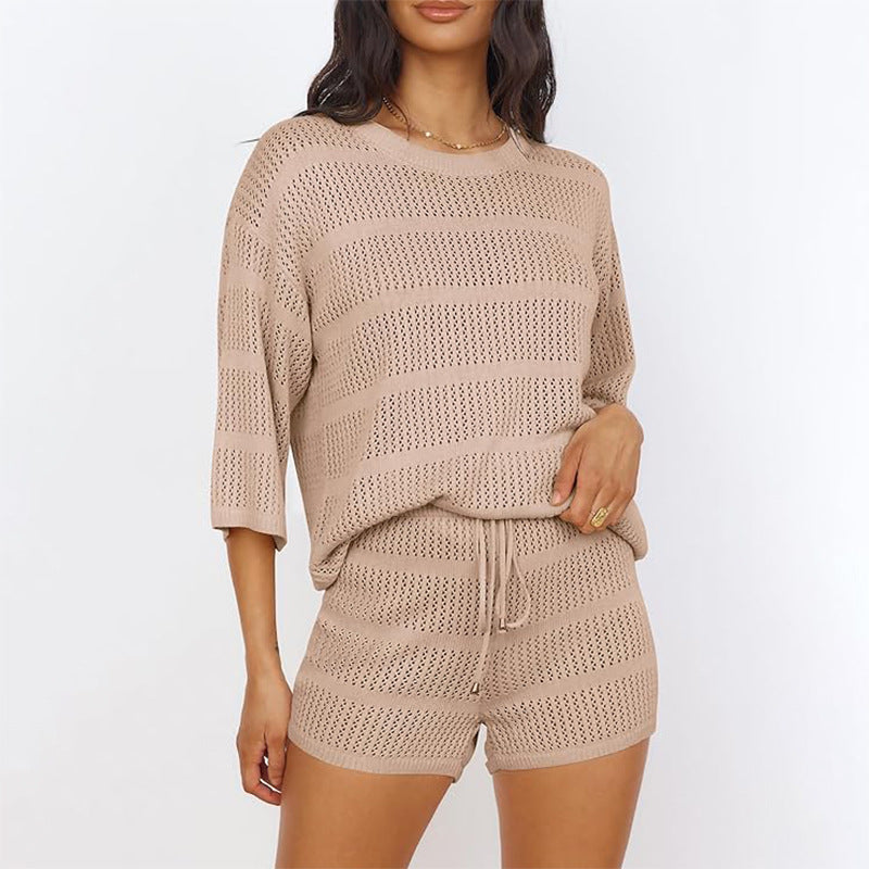 zllkl  European and American Style Women Summer 2-Piece Set Blouse Openwork Knitted Top Shorts Vacation Beach Casual Suit
