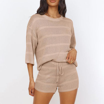 zllkl  European and American Style Women Summer 2-Piece Set Blouse Openwork Knitted Top Shorts Vacation Beach Casual Suit