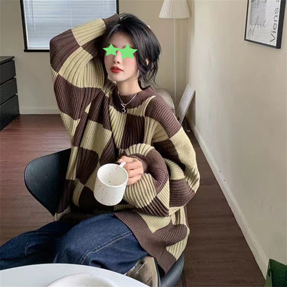 Checkerboard sweater women's autumn and winter design sense new top retro thin lazy wind pullover knitted sweater jacket