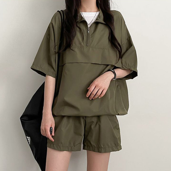 ZllKl Wholesale turtleneck zipper short sleeve shorts women's two-piece set Korean version summer fashion casual sportswear set loose